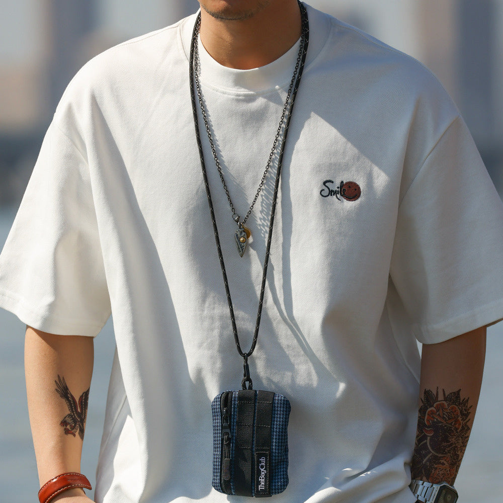 美式休閒230g斜紋雙面棉短袖T恤男笑臉刺繡圓領打底衫