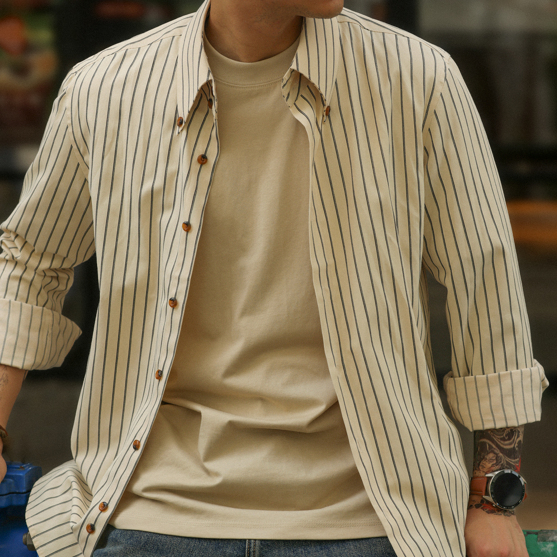 美式復古薄款咖色條紋襯衫男修身通勤休閒長袖襯衣外套