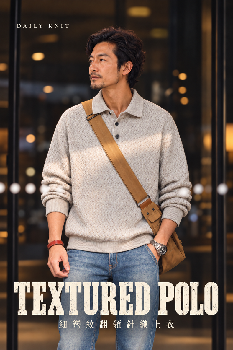 細波紋翻領三扣針織長袖上衣 · 02-hero