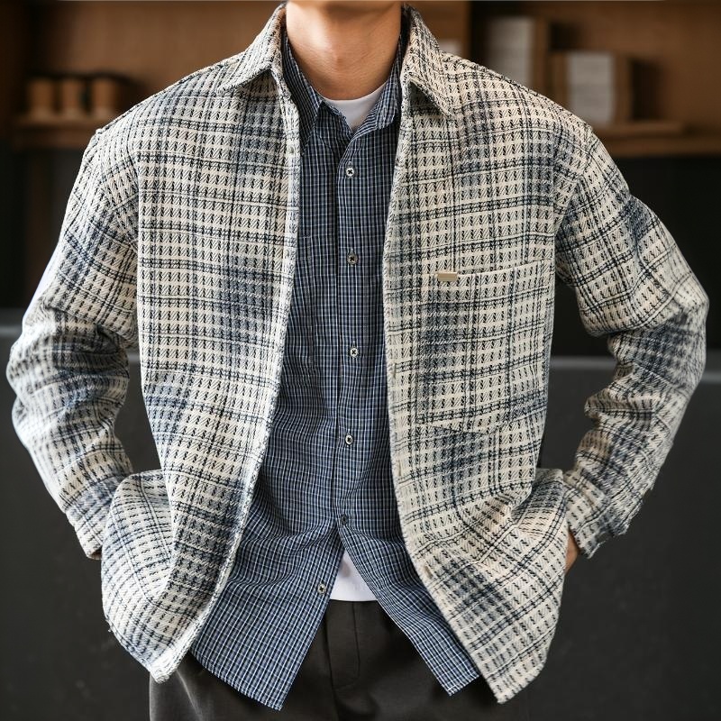 美式復古雙色格紋襯衣夾克男廊型加厚重磅休閒襯衫外套