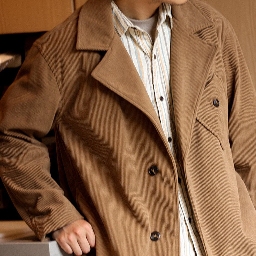 日系燈芯絨西裝外套男貼袋設計感休閒復古法式輕熟疊穿夾克-Retro's Wear