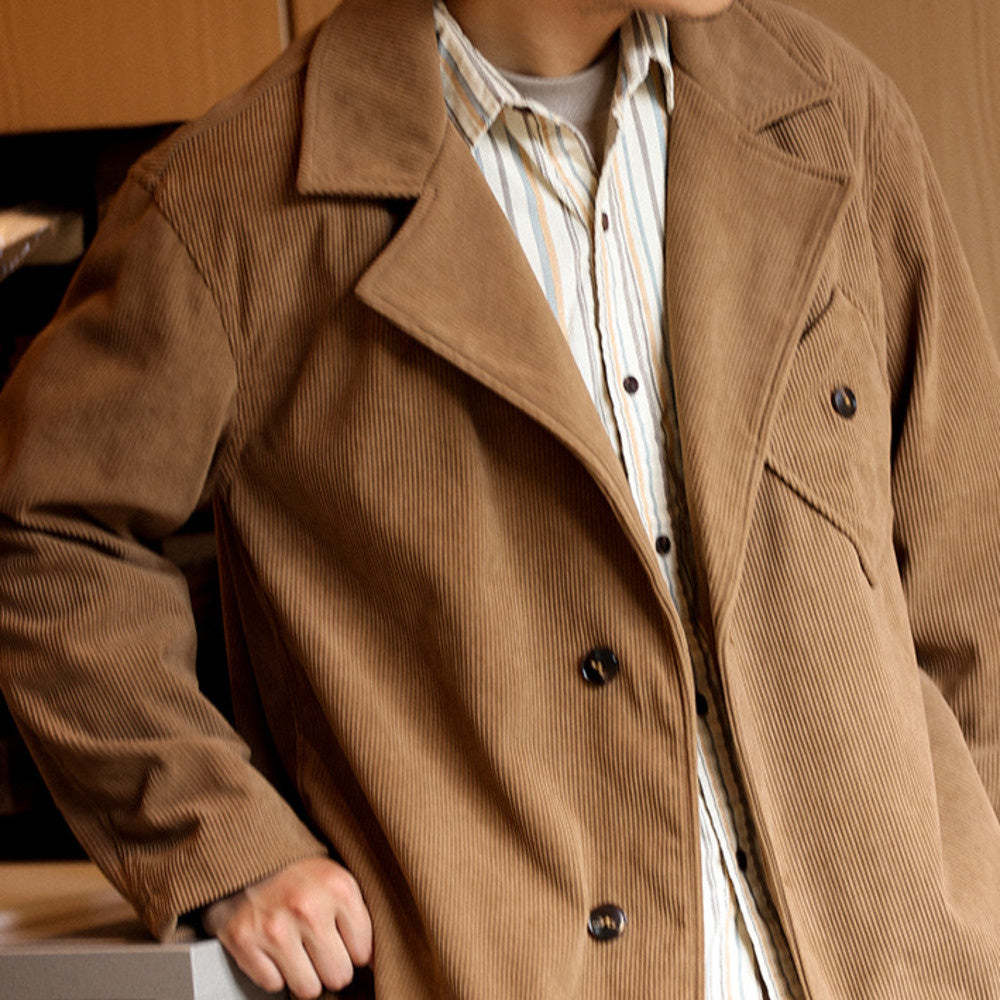 日系燈芯絨西裝外套男貼袋設計感休閒復古法式輕熟疊穿夾克-Retro's Wear