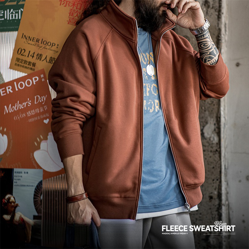 美式休閒搖粒絨開衫衛衣學院風立領加絨運動拉鍊外套男秋-Retro's Wear