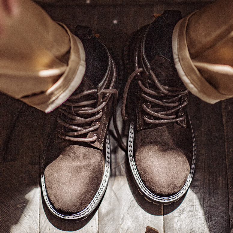 荒野尋棕復古工裝靴秋季新款男鞋休閒中幫厚底真皮透氣馬丁靴-Retro's Wear