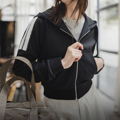 空氣層hoodie開衫外套條紋毛絨拼接衛衣春季運動通勤上衣女