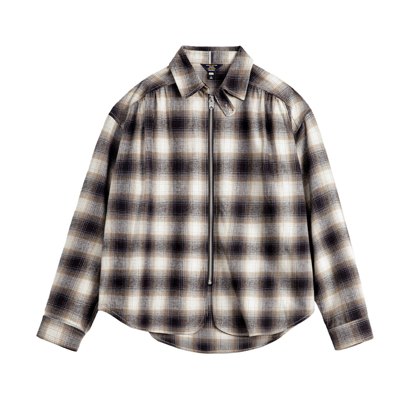 復古寬鬆翻領純棉磨毛格子紋長袖襯衫薄款夾克外套上衣女士春