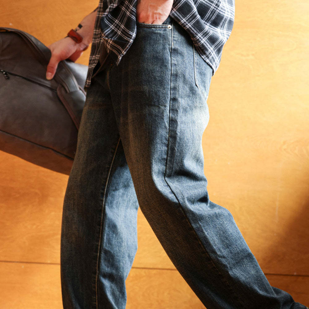 美式復古水洗藍牛仔褲男寬鬆直筒墜感休閒闊腿老爹長褲子秋-Retro's Wear