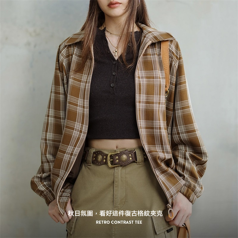 美式復古格紋夾克設計感撞色翻領外套休閒寬鬆百搭上衣春秋女-Retro's Wear
