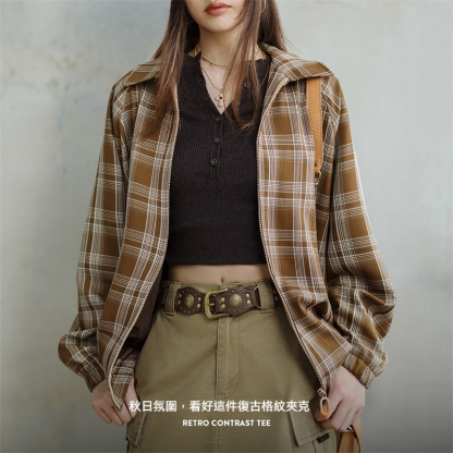 美式復古格紋夾克設計感撞色翻領外套休閒寬鬆百搭上衣春秋女-Retro's Wear