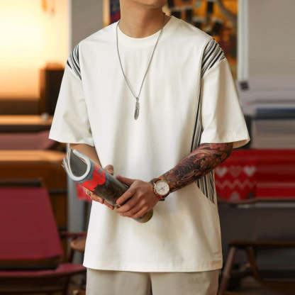 美式休閒提花條紋拼接短袖T恤男寬鬆200g凉感圓領打底衫