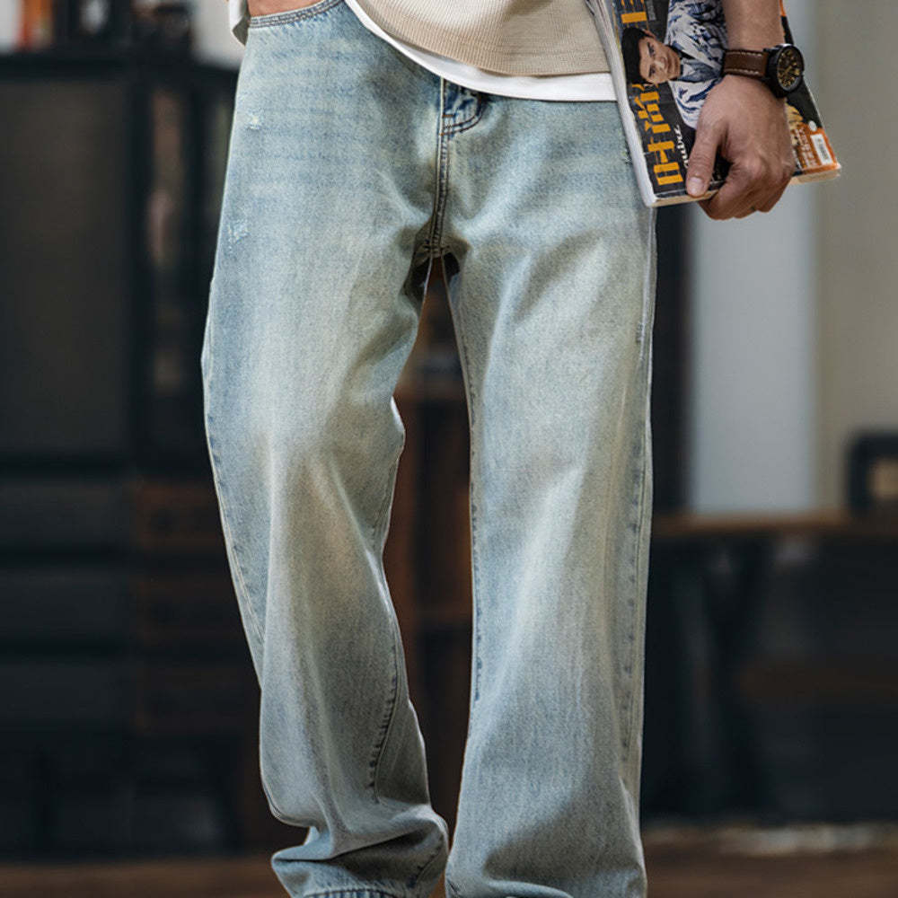 萊賽爾美式直筒牛仔褲男春夏2025新款復古水洗淺藍色男士寬鬆褲子