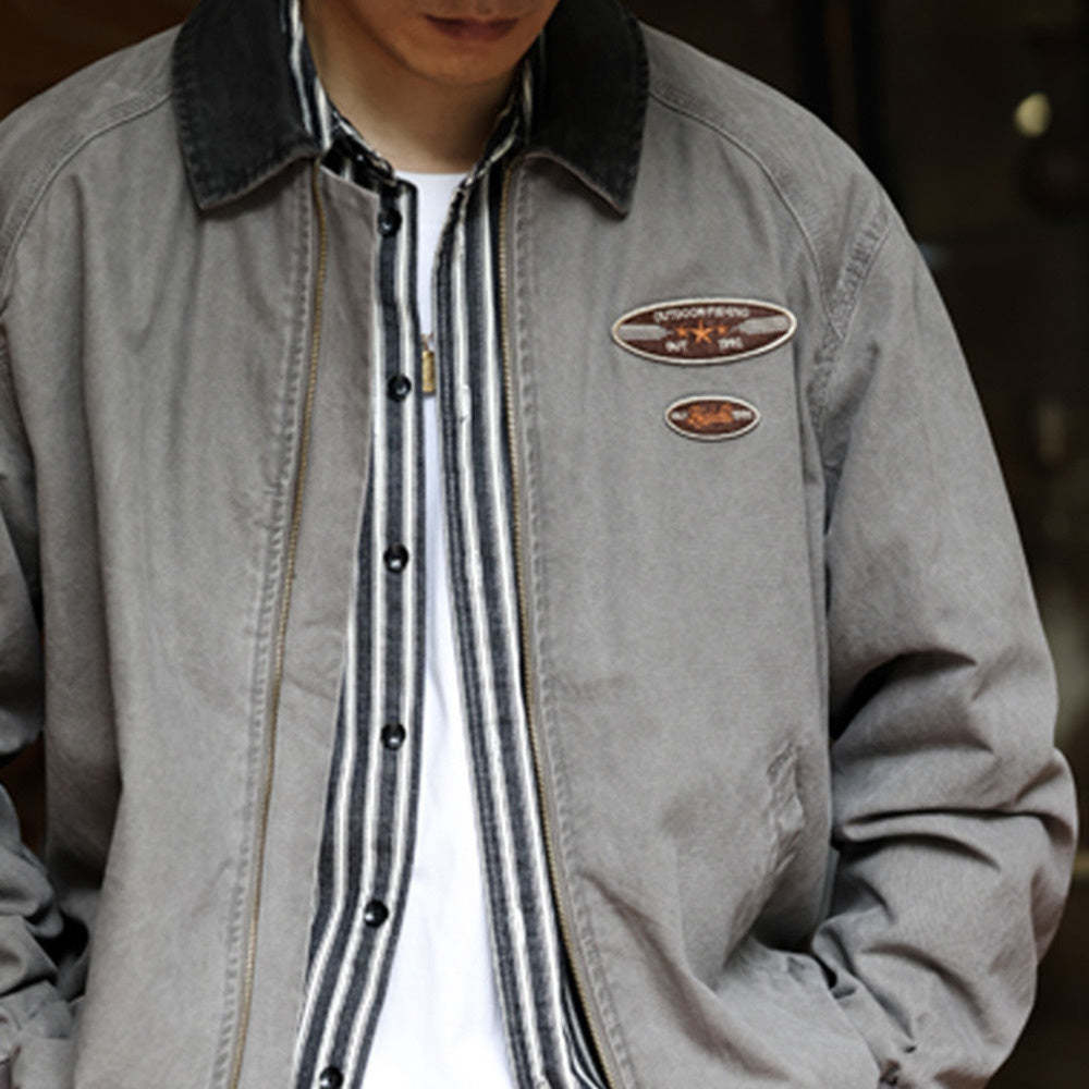 美式復古底特律夾克男廓形重磅洗褪純棉翻領撞色休閒寬鬆外套-Retro's Wear