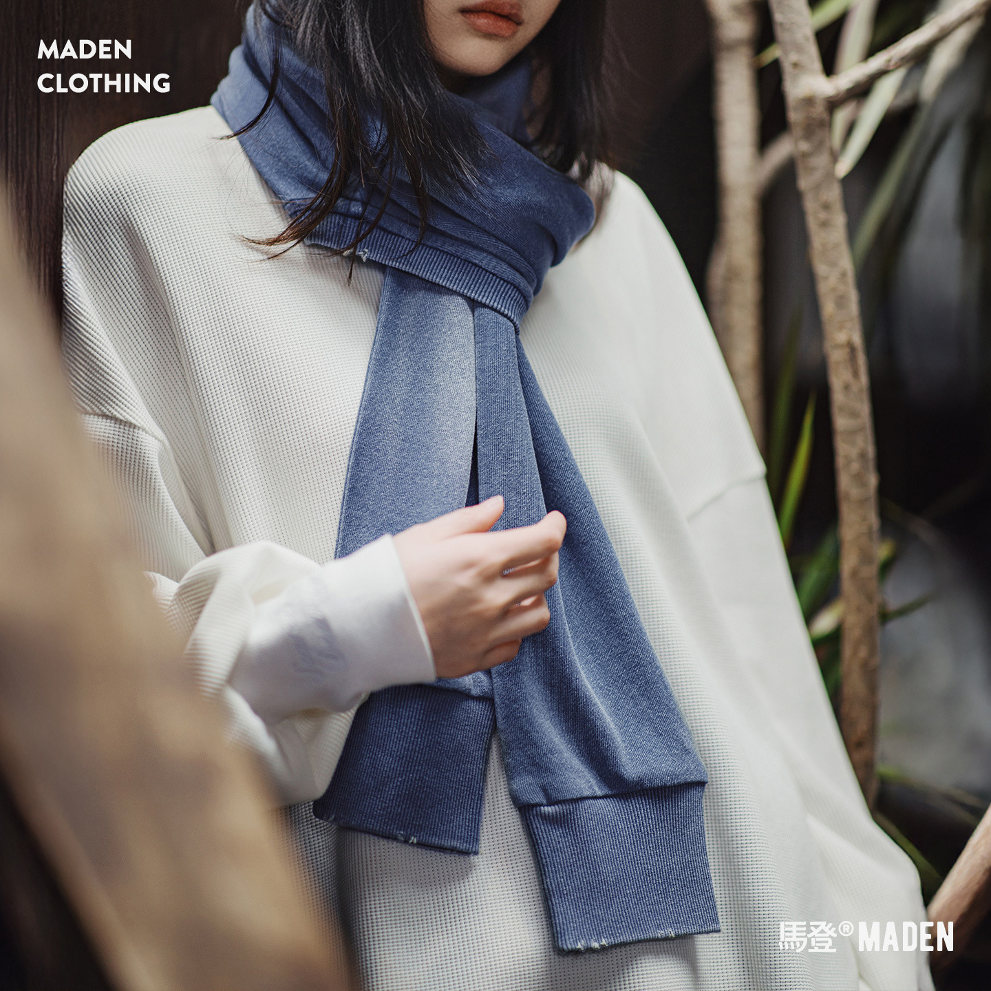 復古藍色針織長款披肩圍巾兩用保暖護頸圍脖外搭護肩女士秋冬