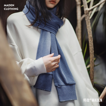 復古藍色針織長款披肩圍巾兩用保暖護頸圍脖外搭護肩女士秋冬