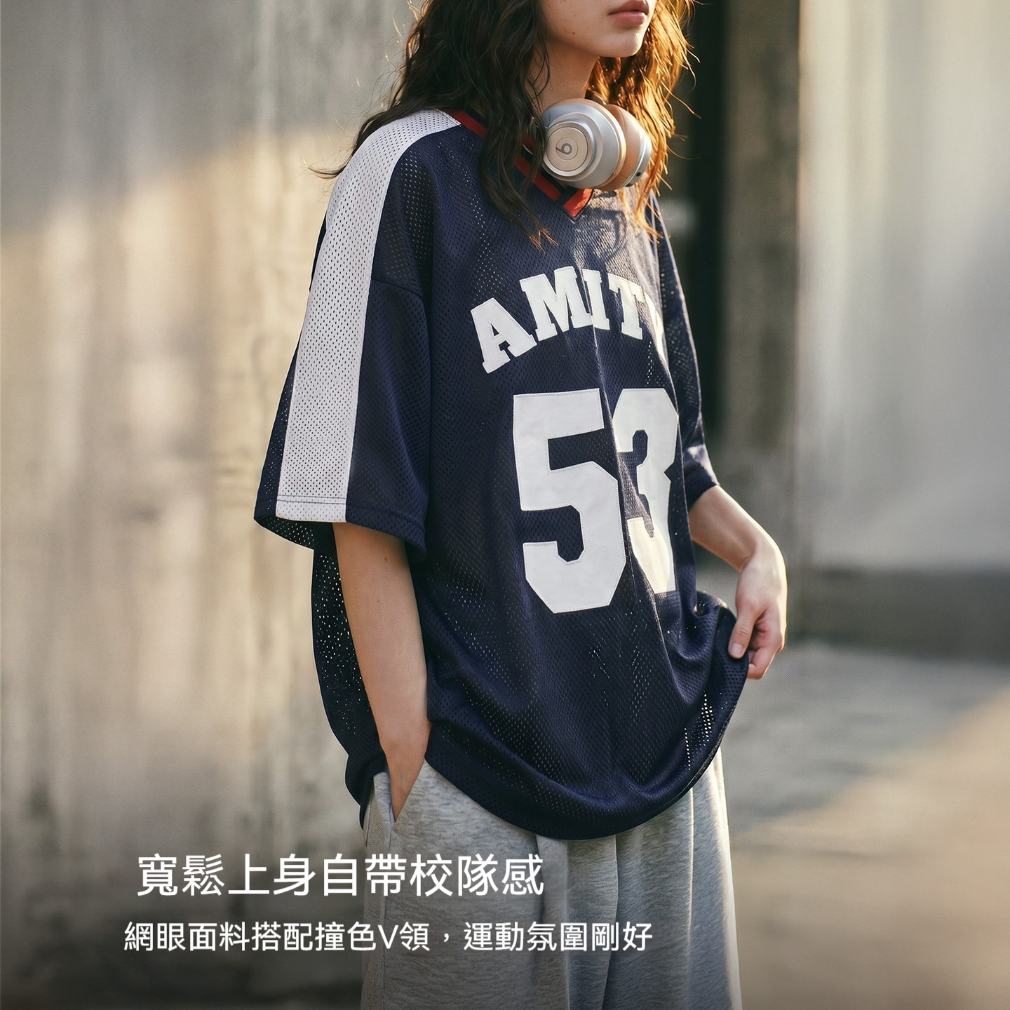 美式復古撞色V領街頭寬鬆橄欖球衣網眼透氣短袖t恤上衣女夏