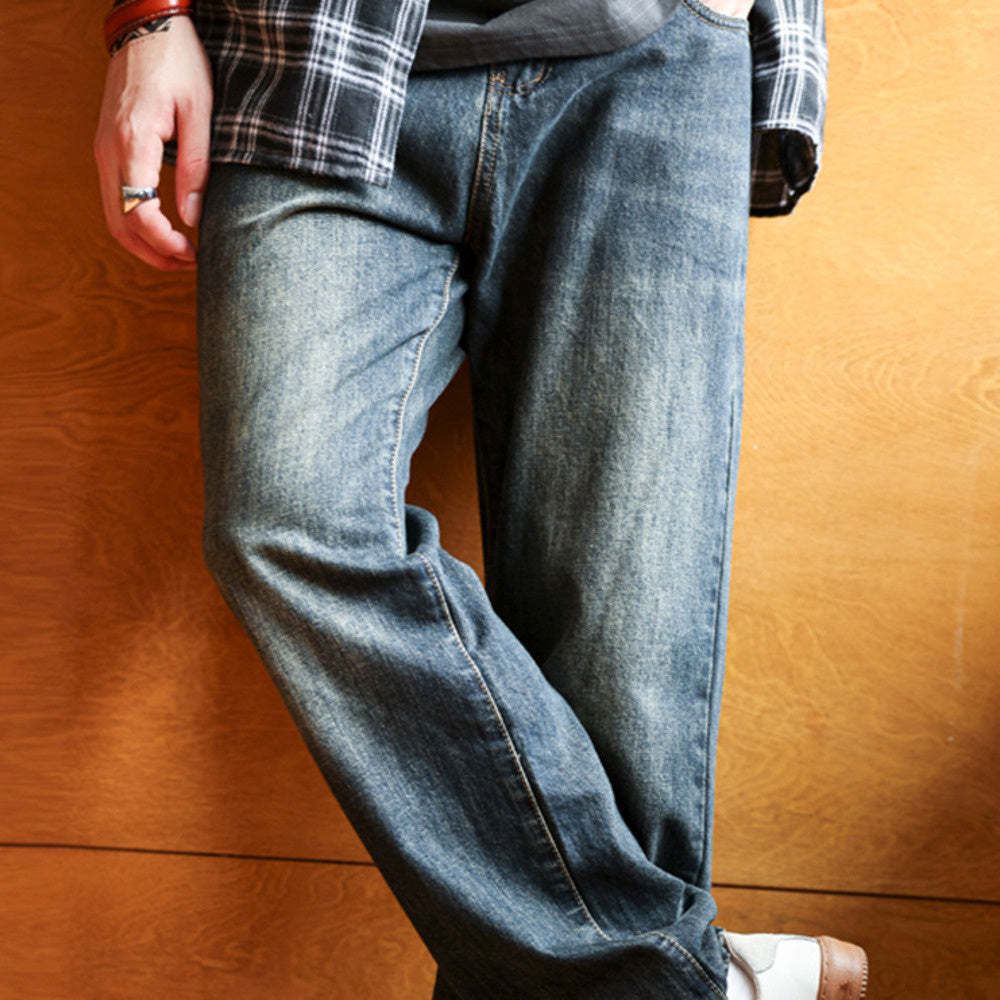 美式復古水洗藍牛仔褲男寬鬆直筒墜感休閒闊腿老爹長褲子秋-Retro's Wear