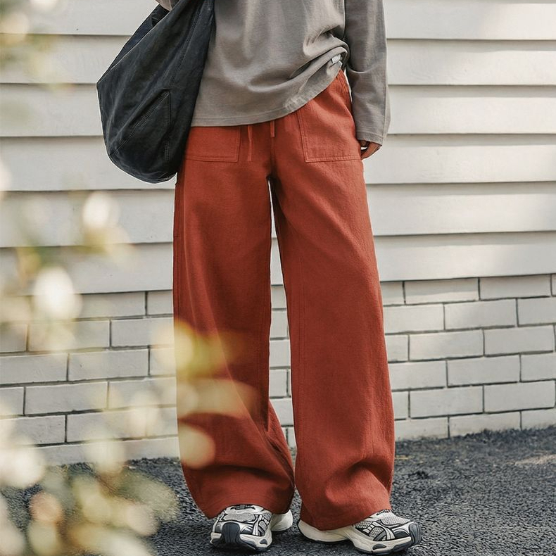 橘色大口袋薄款鬆緊腰寬鬆直筒伐木工裝褲子純棉休閒長褲女