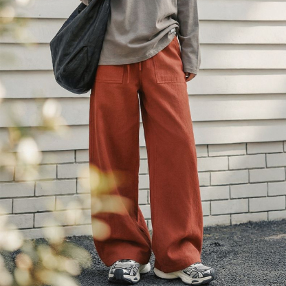 橘色大口袋薄款鬆緊腰寬鬆直筒伐木工裝褲子純棉休閒長褲女