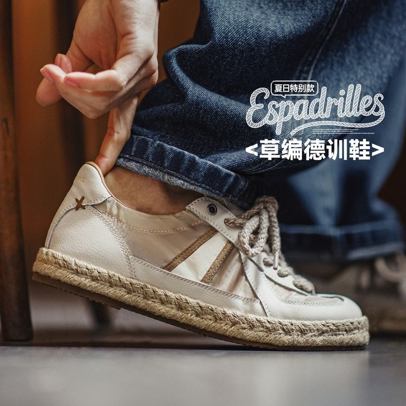 草編德訓鞋新款春夏季休閒透氣布鞋潮薄款板鞋半拖男士漁夫鞋