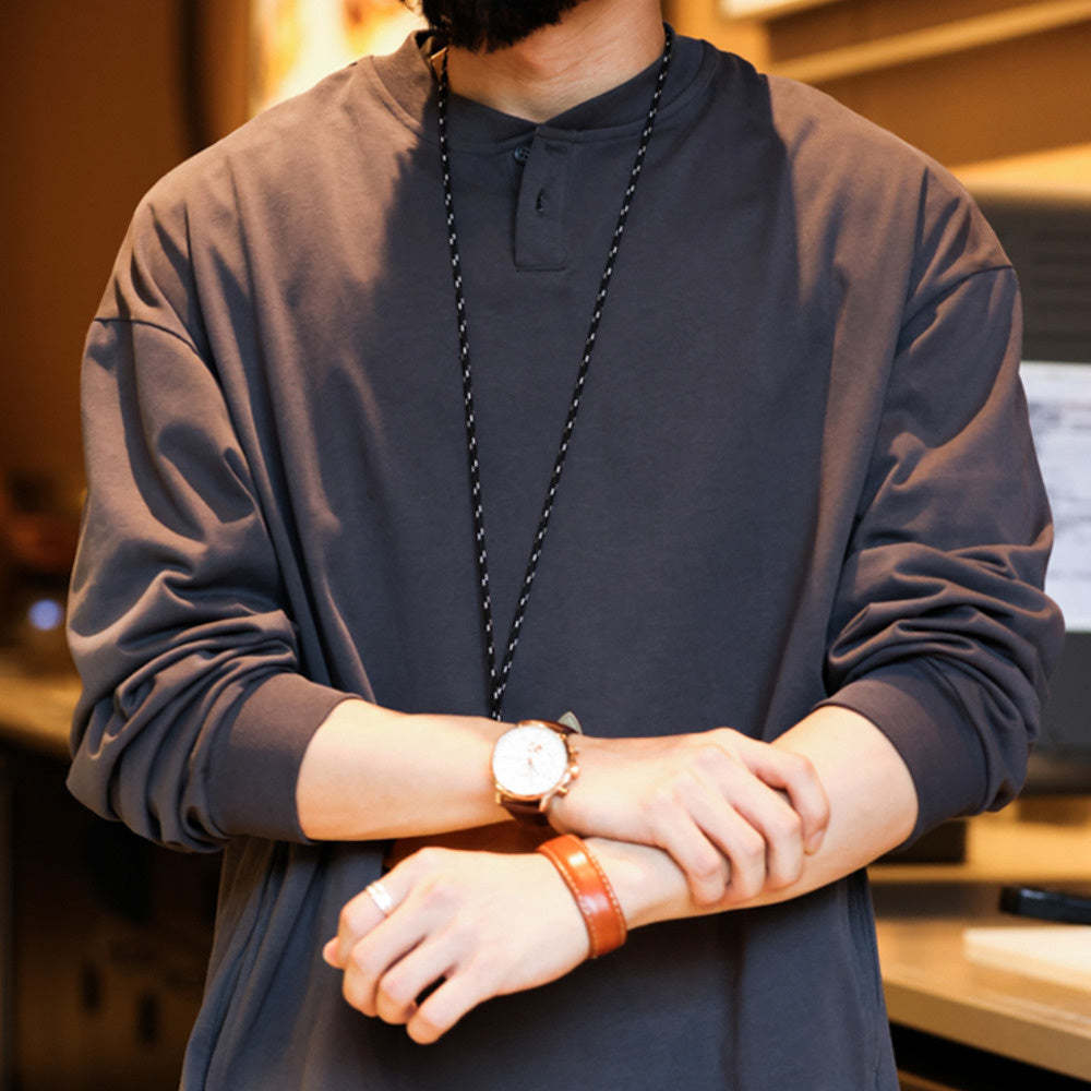 美式復古亨利領長袖T恤寬鬆休閒280g純棉側口袋深灰色打底衫-Retro's Wear