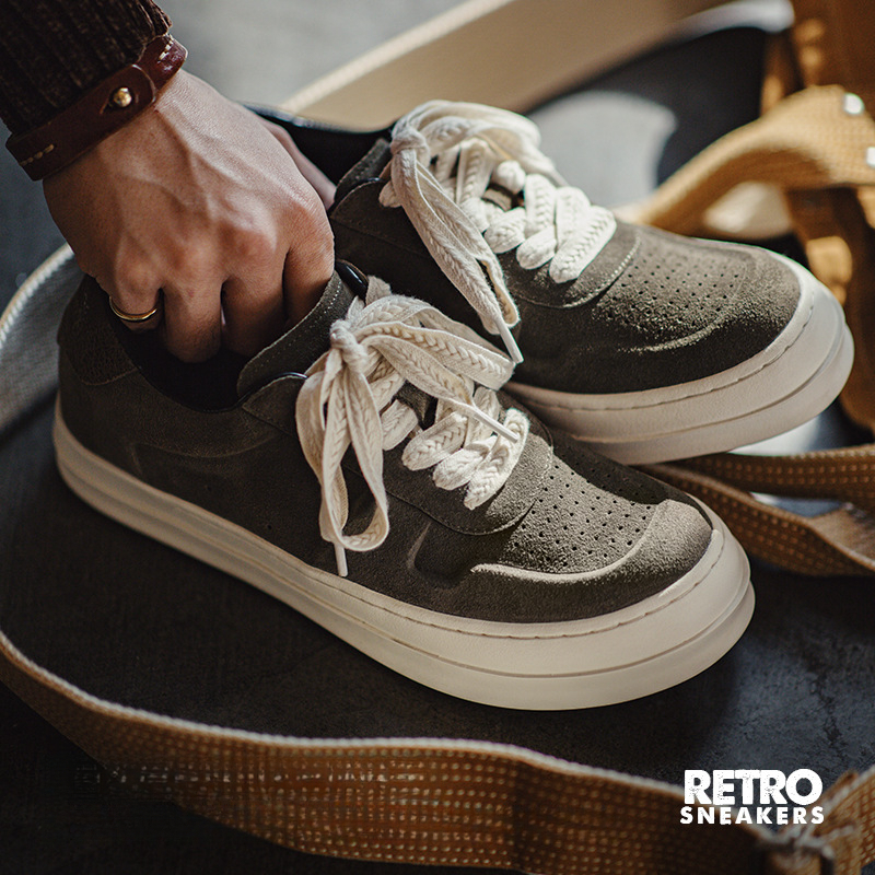 復古ro板鞋夏季新款厚底翹頭男潮鞋低幫百搭休閒增高真皮板鞋