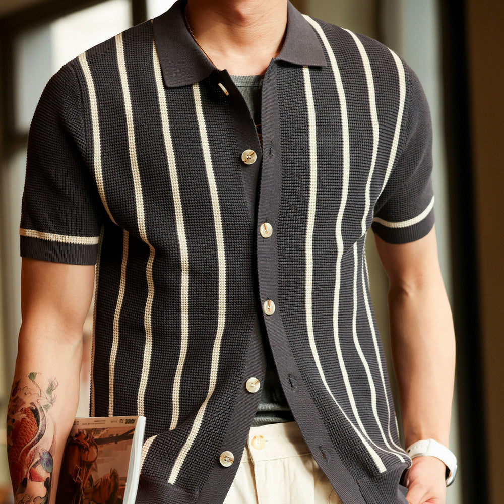 意式復古翻領條紋提花短袖針織衫男抗皺英倫開衫襯衣
