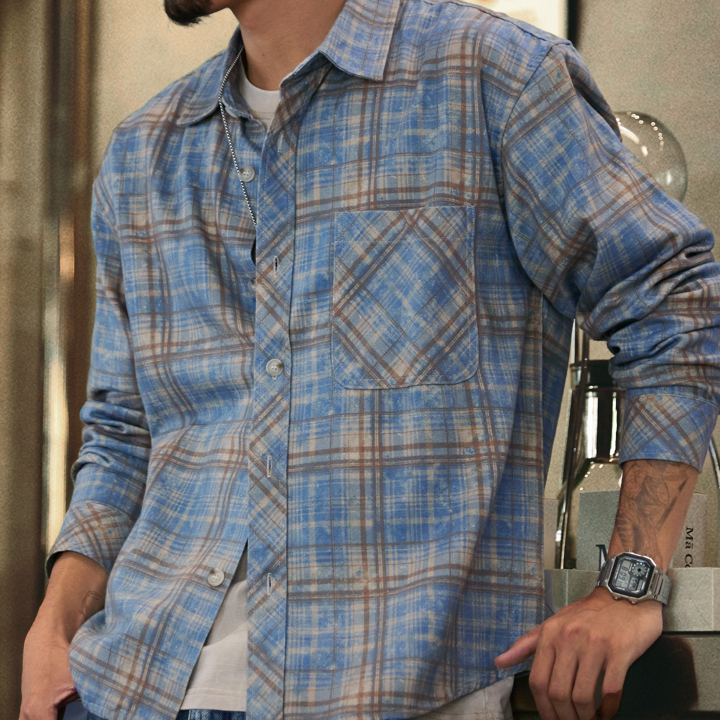 萊賽爾天絲美式復古格子長袖襯衫男2025秋季新款寬鬆翻領襯衣外套