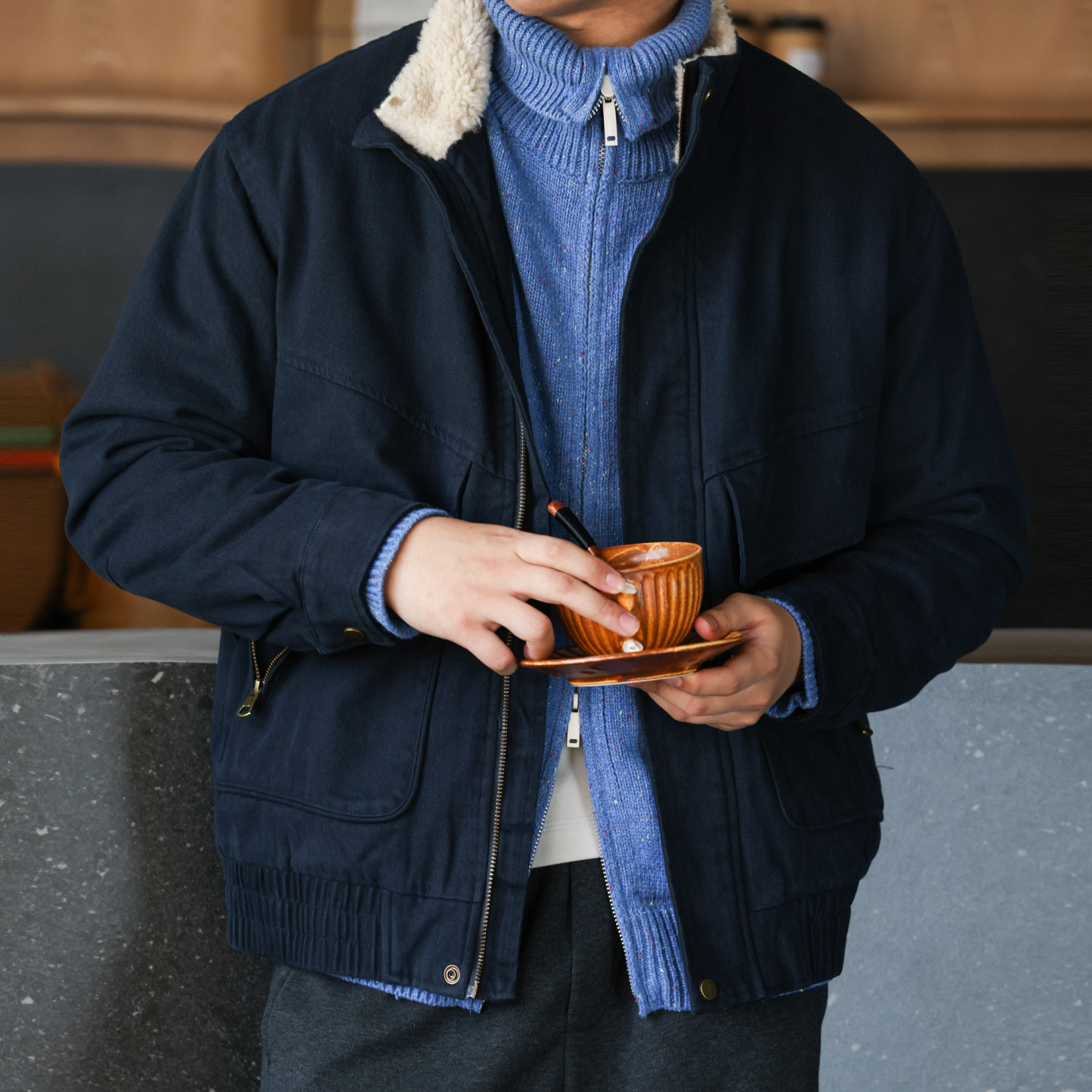 美式復古A2羊羔絨立領夾克男水洗純棉卡其保暖工裝外套