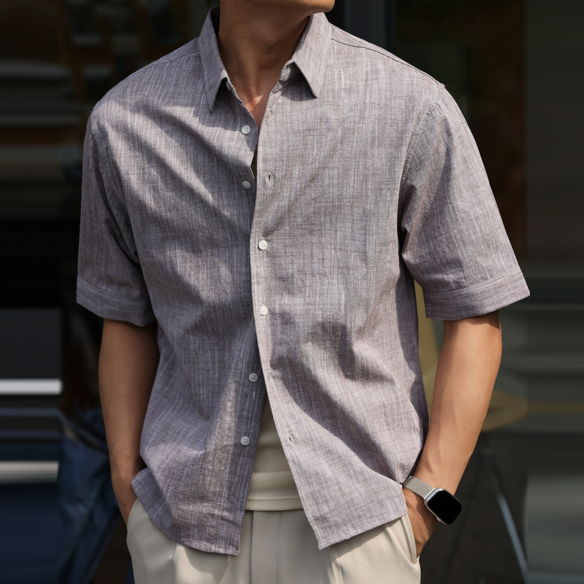 美式復古160g竹節麻感中袖襯衣男抗皺免燙休閒短袖襯衫