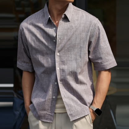 美式復古160g竹節麻感中袖襯衣男抗皺免燙休閒短袖襯衫