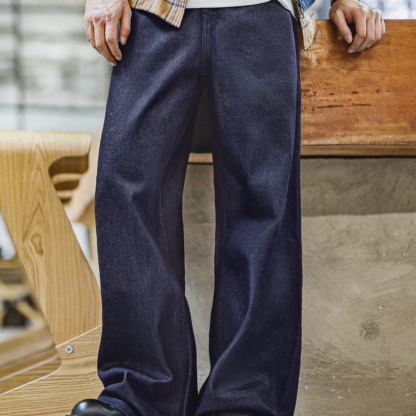 美式復古微喇闊腿直筒牛仔褲鬆弛垂感深藍色赤耳原牛男秋