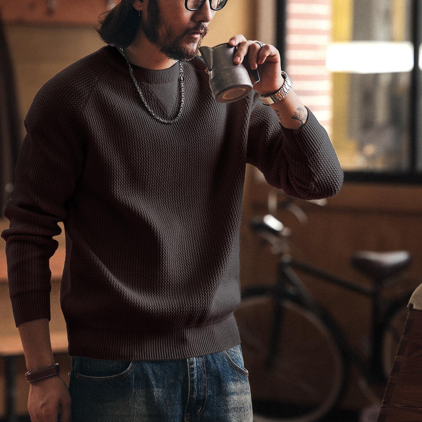 美式重磅7針粗線男士毛衣秋冬新款慵懶風針織打底衫男