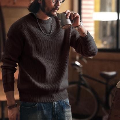 美式重磅7針粗線男士毛衣秋冬新款慵懶風針織打底衫男