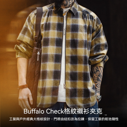 美式復古格子拉鍊襯衫翻領格紋純棉外套開衫長袖襯衣男春