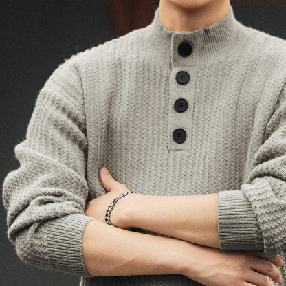 新中式半高領豎紋提花肌理感針織衫男士秋冬款加厚重磅毛衣