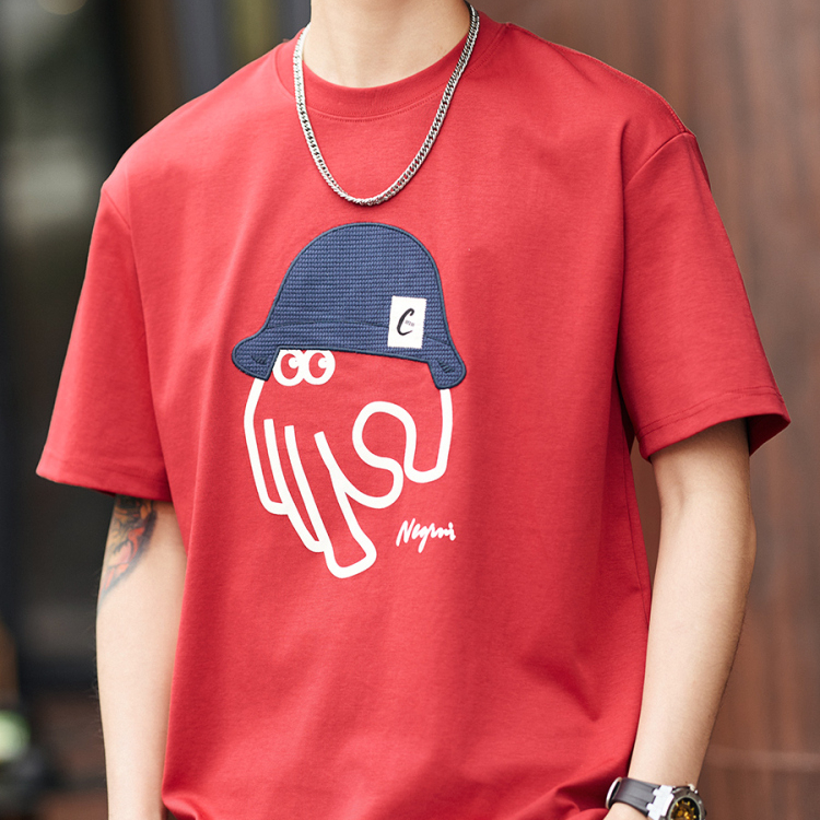 日系復古黑科技立體印花短袖T恤男士夏季寬鬆休閒圓領上衣