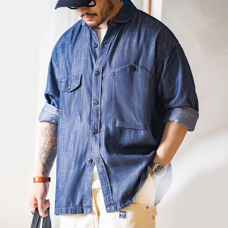 美式復古天絲牛仔襯衫丹寧萊賽爾長袖CPO襯衣外套男士-Retro's Wear