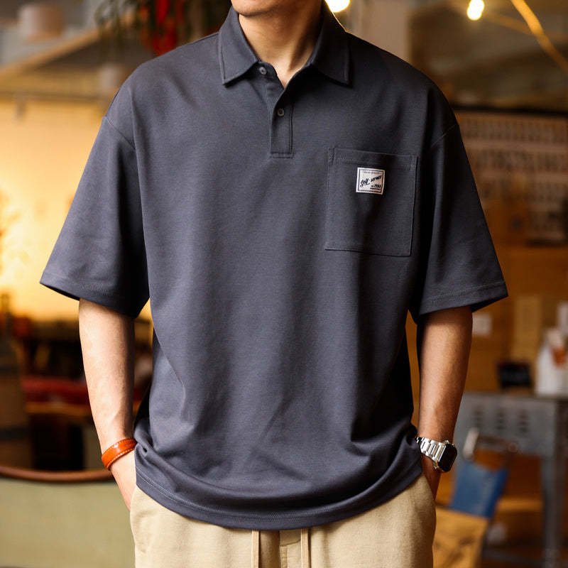 日系痞帥短袖POLO衫男士口袋貼標翻領美式復古重磅保羅T恤夏-Retro's Wear