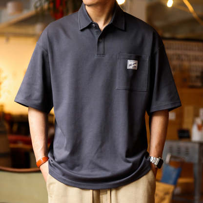 日系痞帥短袖POLO衫男士口袋貼標翻領美式復古重磅保羅T恤夏-Retro's Wear