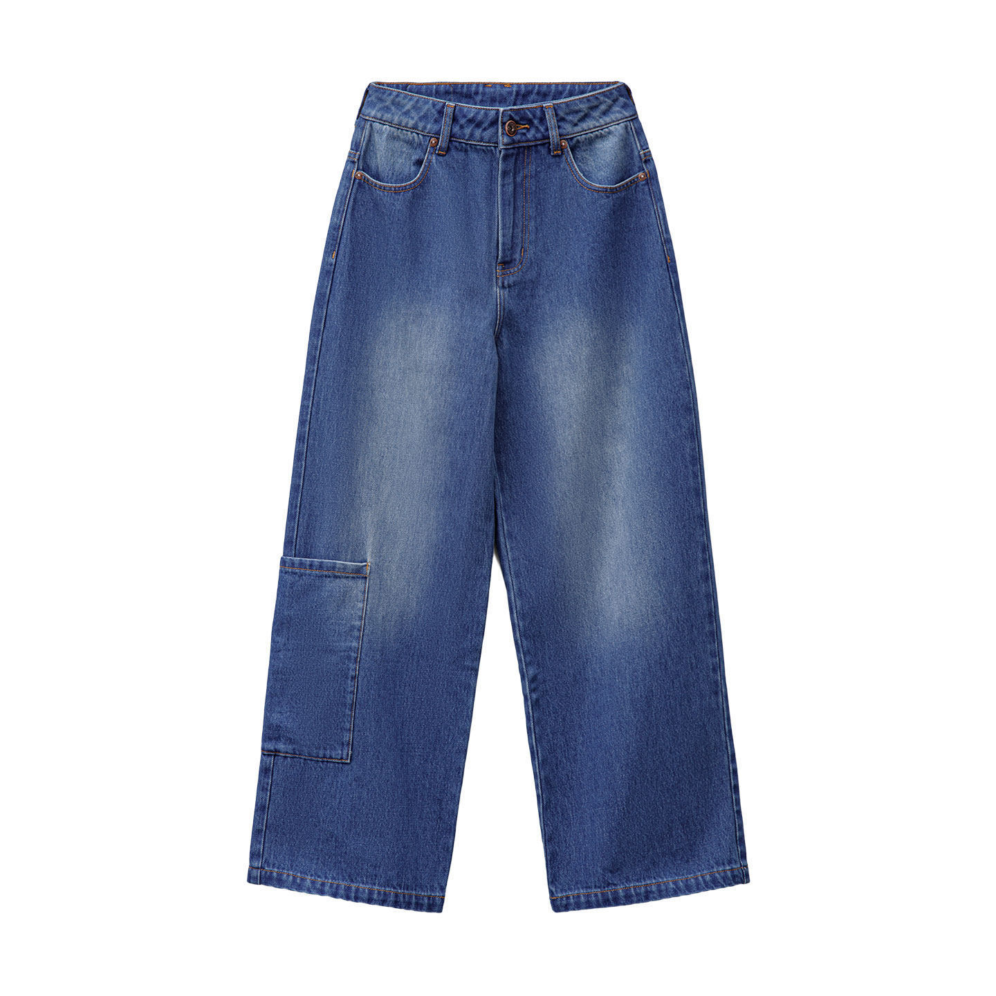 丹寧藍色直筒拼接大口袋牛仔褲全純棉闊腿工裝長褲子女士秋冬