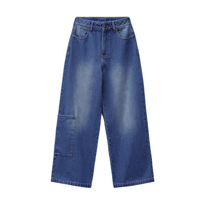 丹寧藍色直筒拼接大口袋牛仔褲全純棉闊腿工裝長褲子女士秋冬
