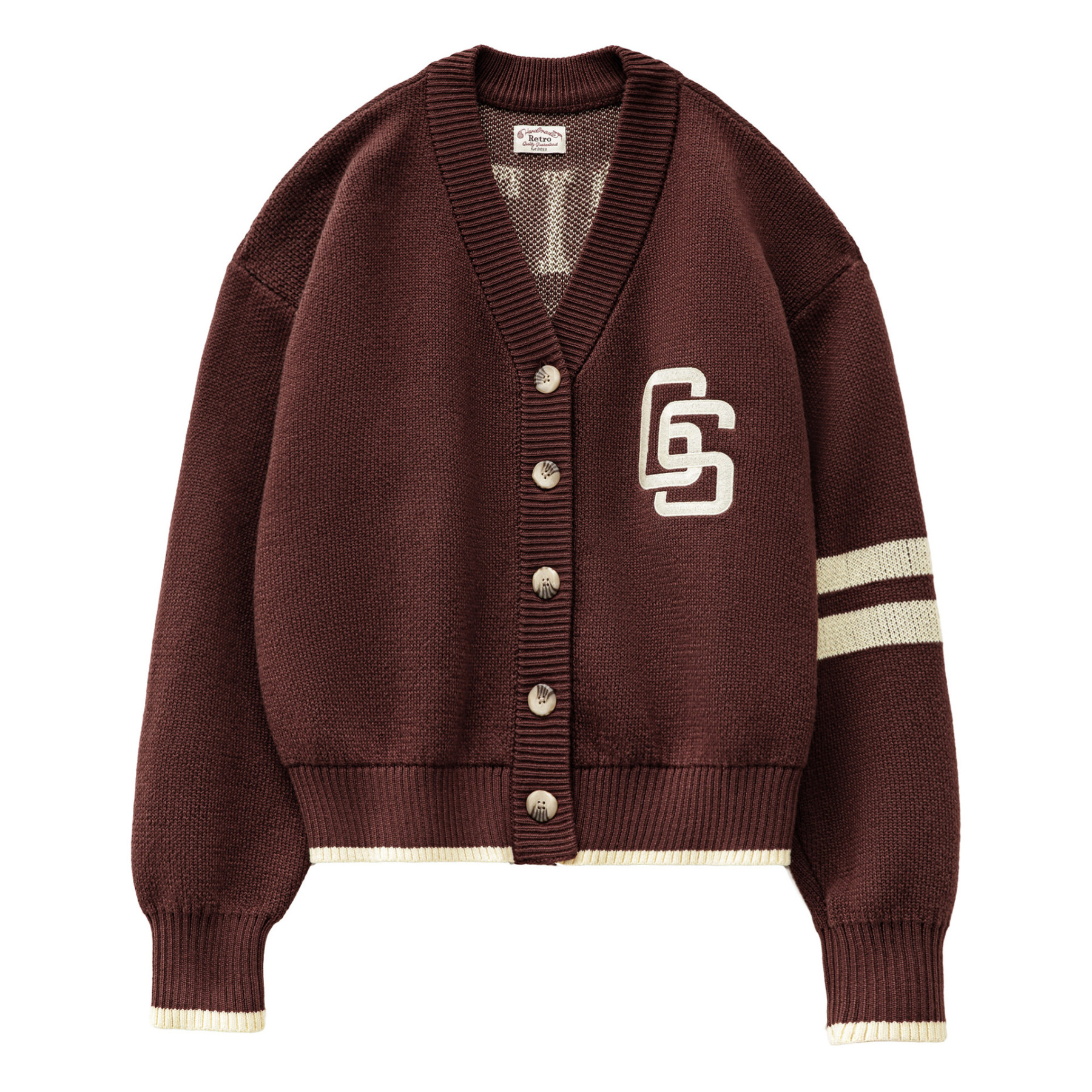 美式復古長袖棕色V領針織開衫外套上衣寬鬆撞色毛衣女士秋冬