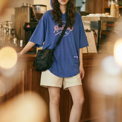 復古寬鬆印花萊賽爾天絲弧形下擺連帽短袖T恤半袖上衣女士夏