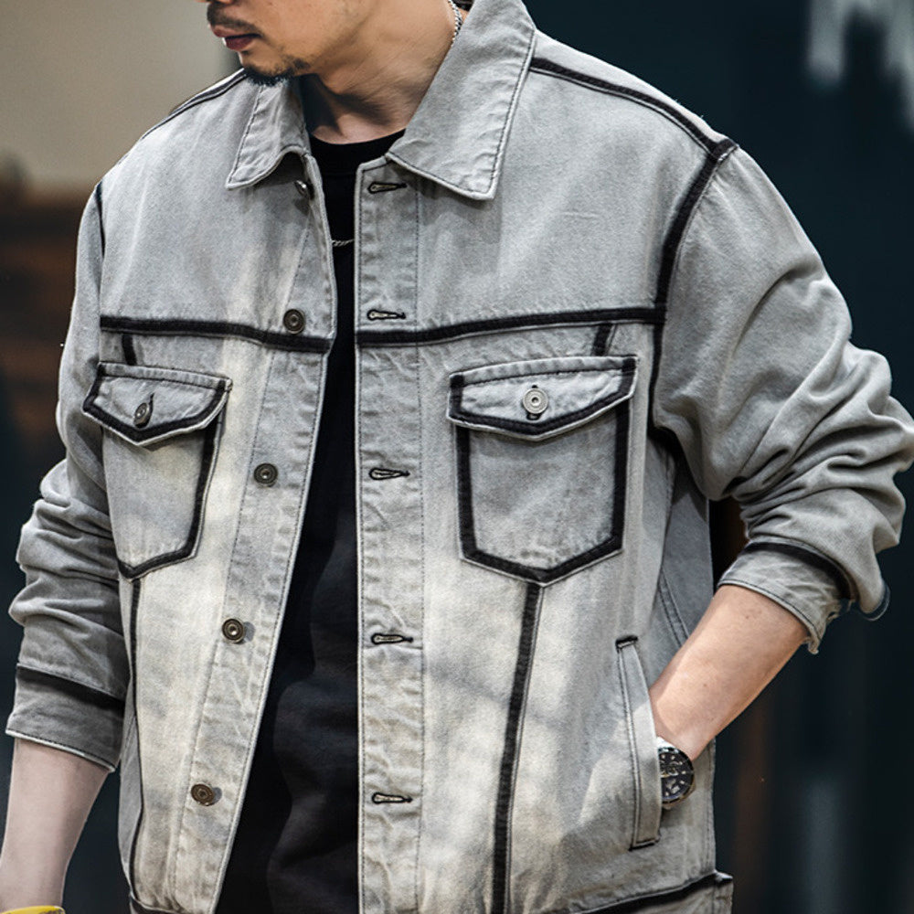 美式水洗描邊牛仔外套男春季2025新款潮牌復古軋染翻領工裝夾克男