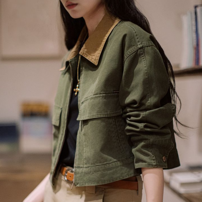 巴恩風撞色帆布獵裝夾克美式工裝外套全棉復古翻領上衣春季女
