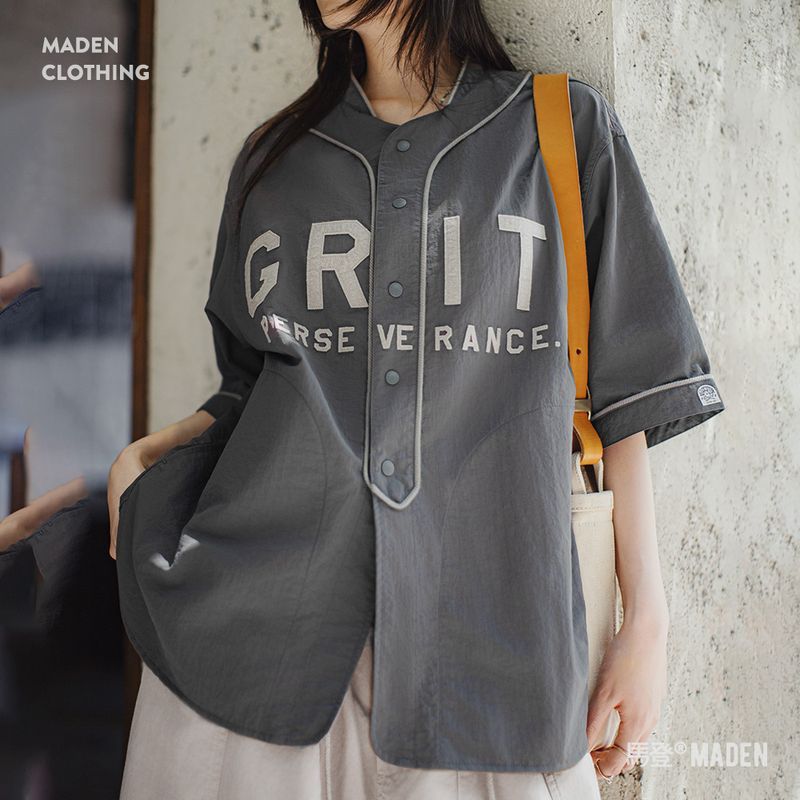 夏日美式休閒oversize棒球服半開襟襯衫日系灰色薄款襯衣女