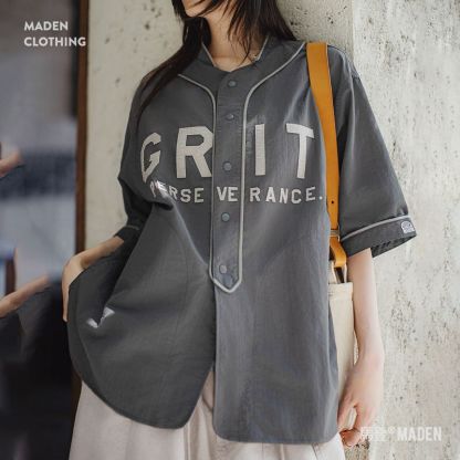 夏日美式休閒oversize棒球服半開襟襯衫日系灰色薄款襯衣女