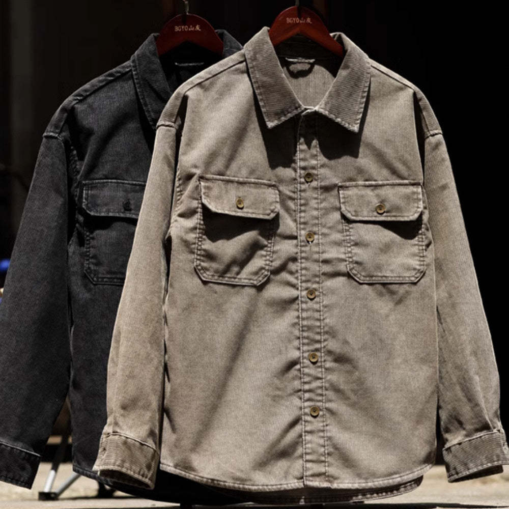 美式休閒水洗長袖燈芯絨襯衣男疊穿外搭16坑條絨肌理感襯衫-Retro's Wear