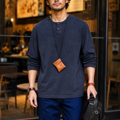 秋季新款美式復古T恤男士高級感純棉亨利領休閒打底衫