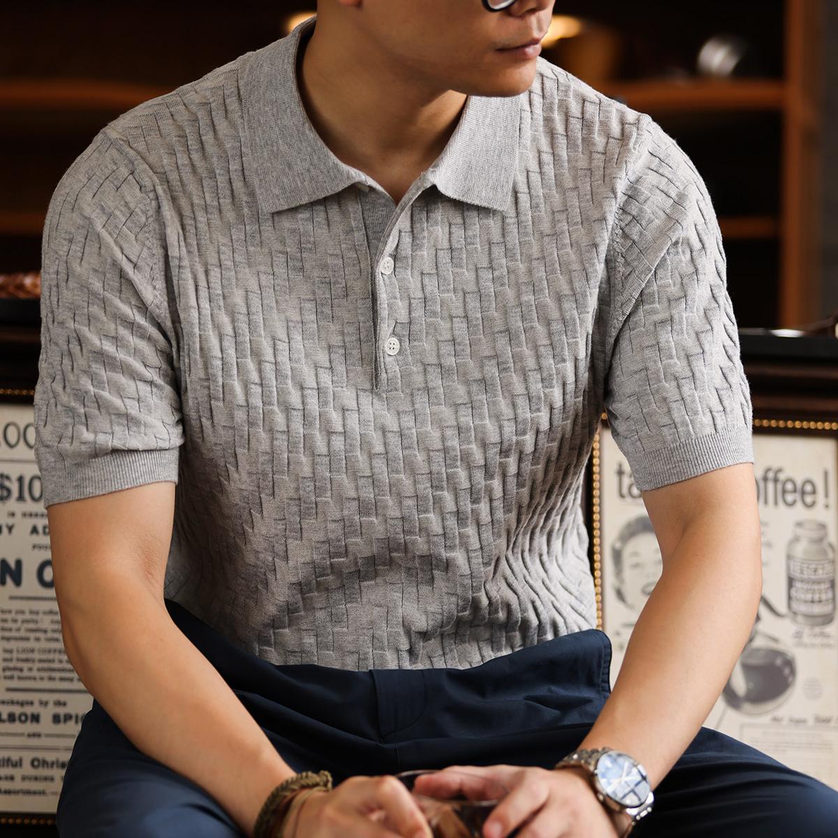 含桑蠶絲羊毛夏季提花肌理老錢風針織短袖POLO衫男士